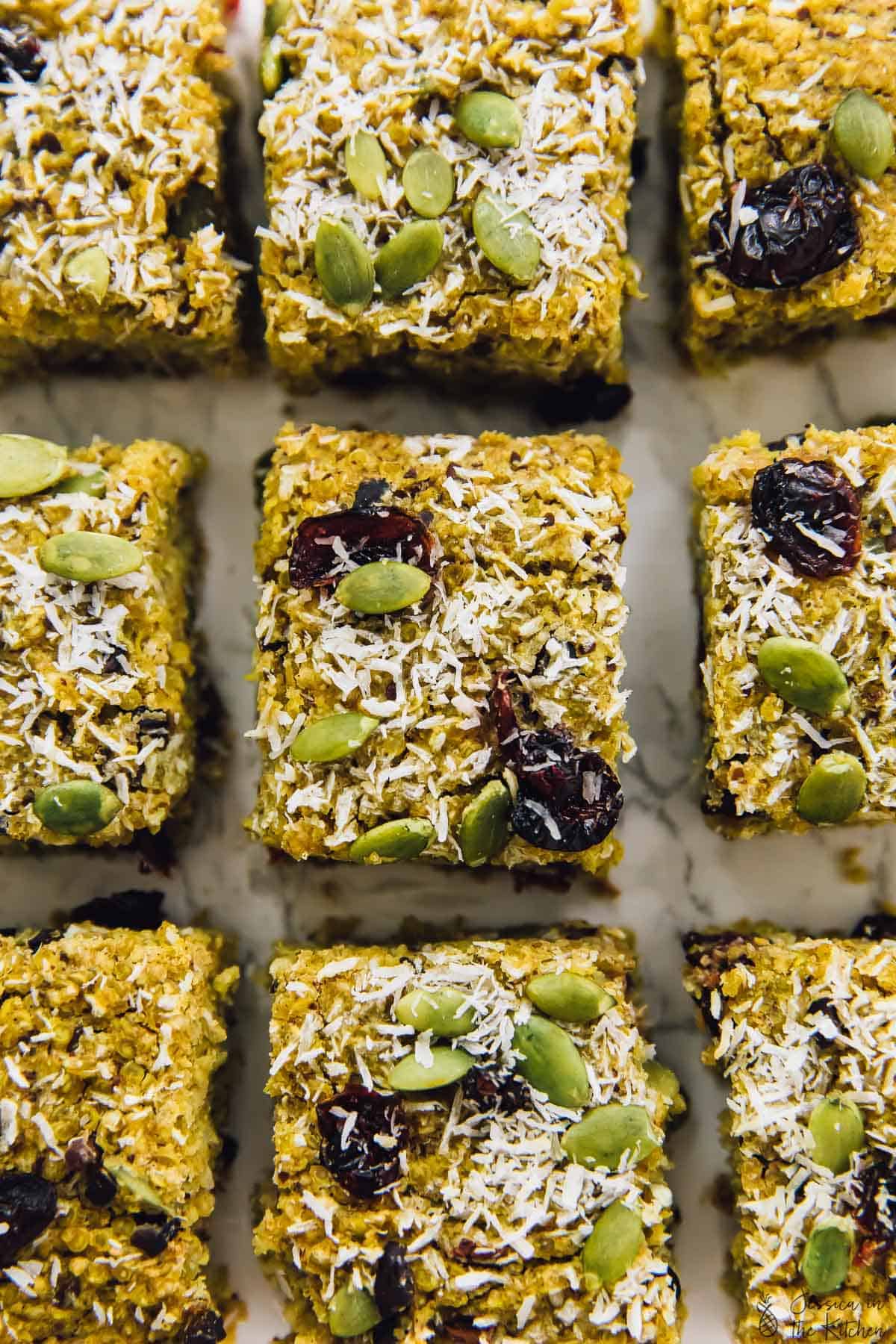 Overhead shot of breakfast bars on a table.