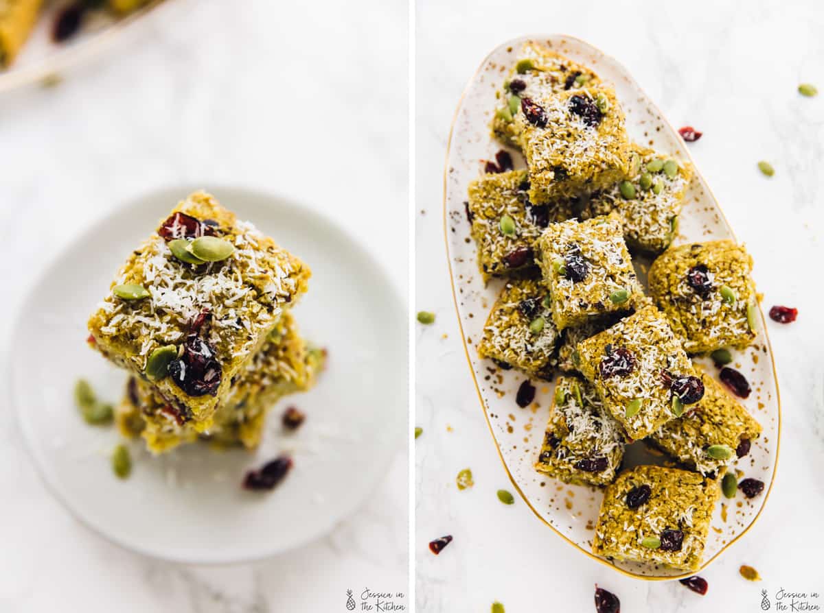 Side by side pictures of breakfast bars on plates. 