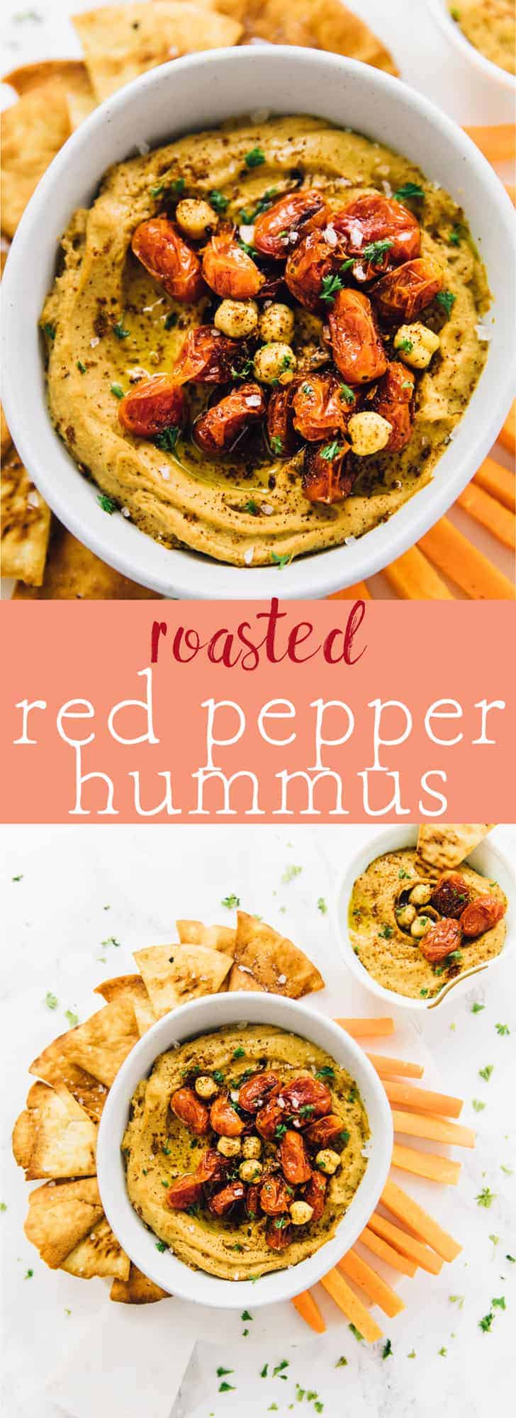 This Spicy Roasted Red Pepper Hummus is so creamy and smooth! It's given a nice spicy kick thanks to Harissa, and tastes amazing as a dip or as a spread on anything! via https://jessicainthekitchen.com 