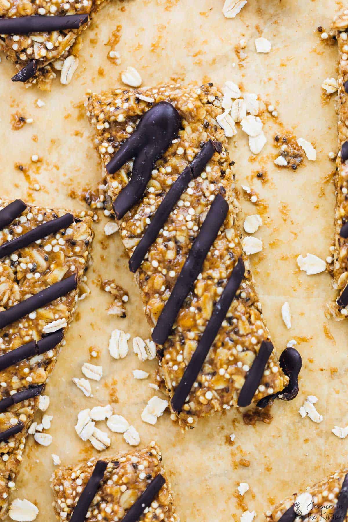 Top down shot of no bake granola bars on a wooden board.