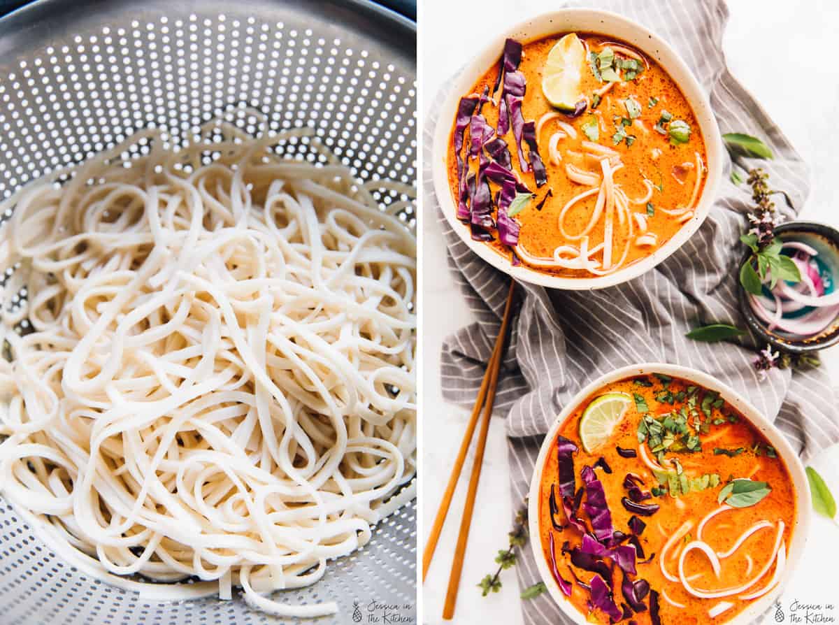 Side by side shot of noodles in a colander, on the left, and coconut curry soup on the right.