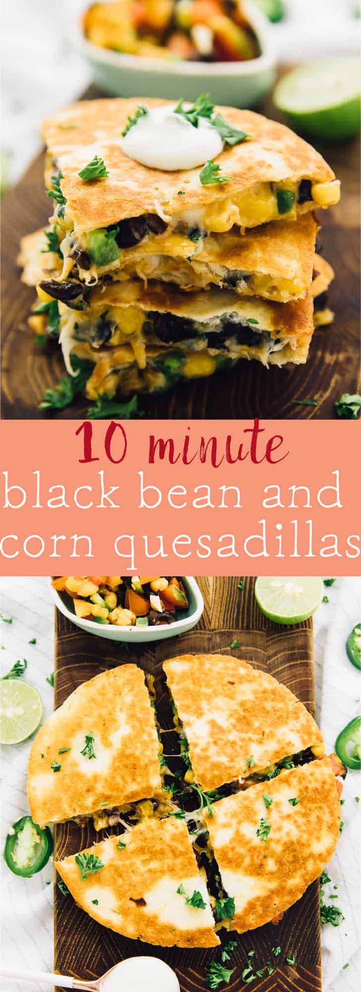 These 10 Minute Black Bean and Corn Quesadillas are so perfect for a quick weeknight dinner! They come together incredibly quick and are so flavourful! via https://jessicainthekitchen.com