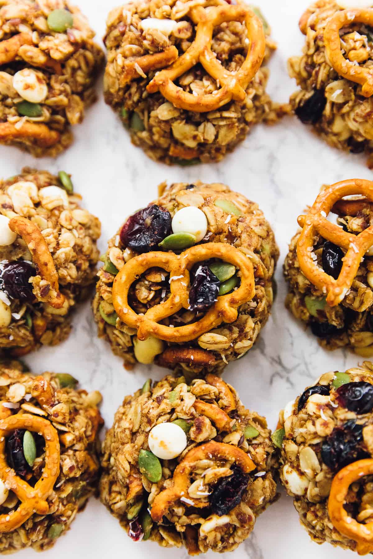 Overhead view of chewy trail mix cookies