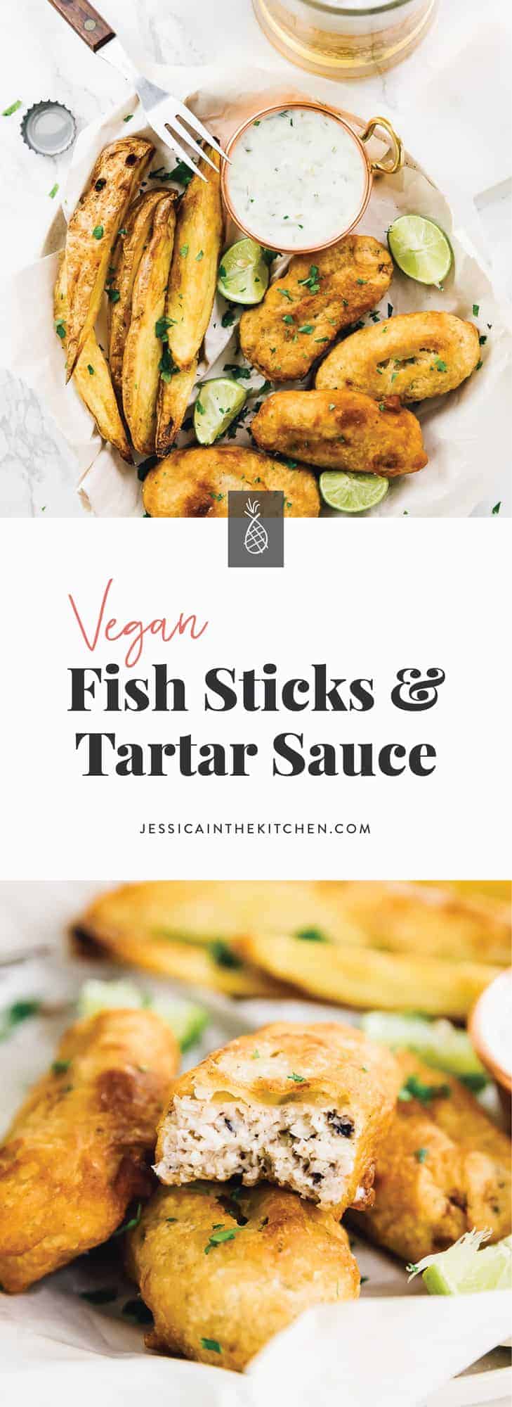 These Vegan Fish Sticks are so unbelievably divine! They are beer-battered, have an amazing texture and are served with a homemade vegan tartar sauce! via https://jessicainthekitchen.com 