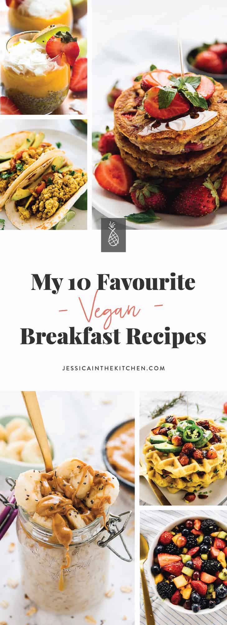 A montage of vegan breakfast recipes with text over it. 