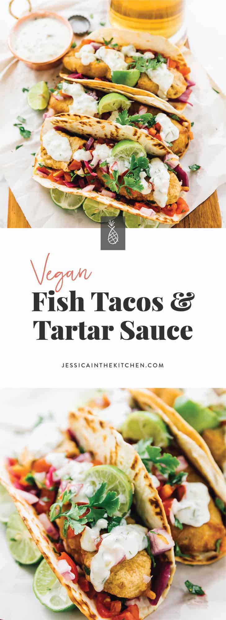 This Vegan Fish Tacos are a real vegan treat!! A beer-battered crust, flavourful pico de gallo and a creamy tartar sauce make for the ultimate vegan taco experience! via https://jessicainthekitchen.com