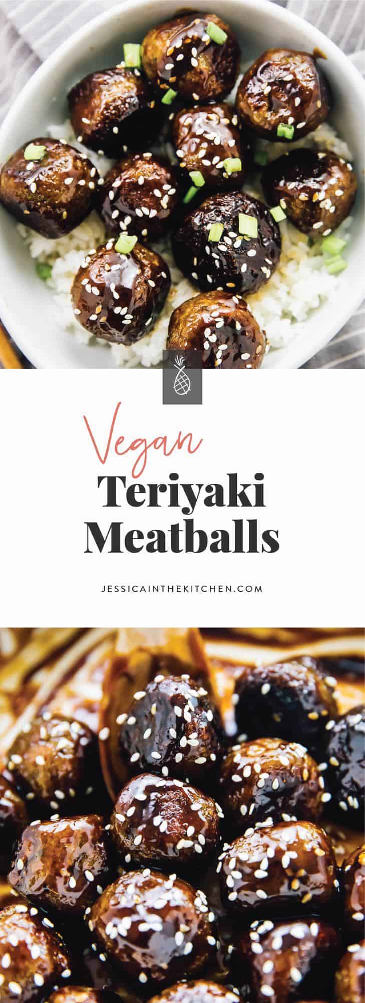 Vegan teriyaki meatballs in a bowl and in a pan with overlay text