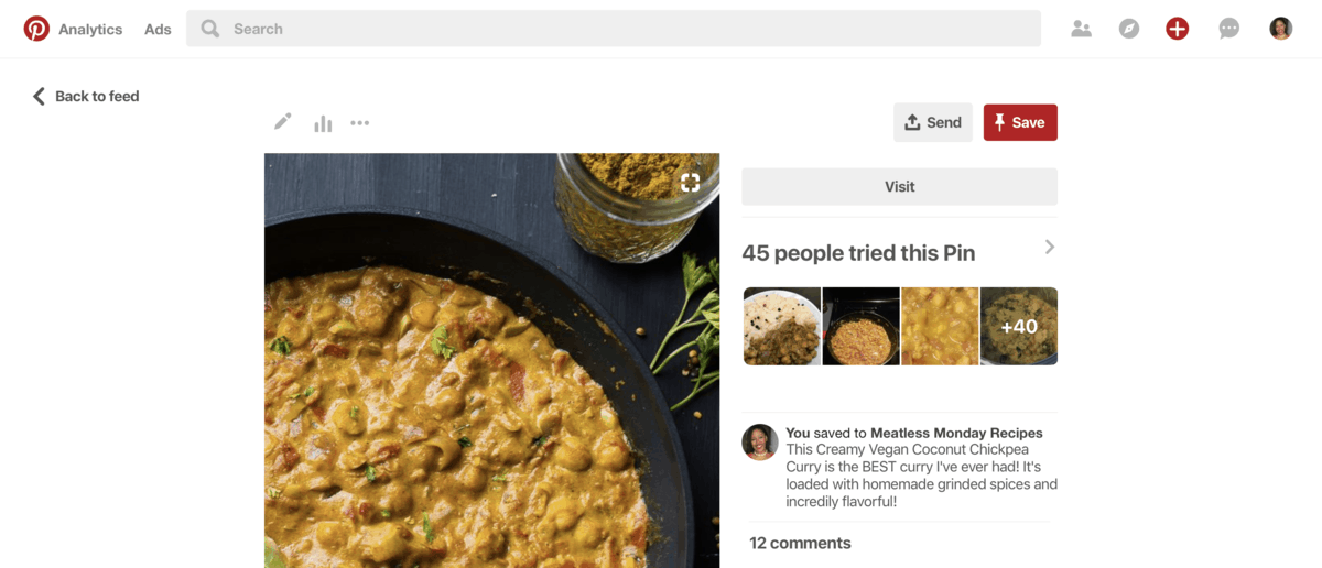 A screen grab of pinterest page showing a coconut curry recipe. 