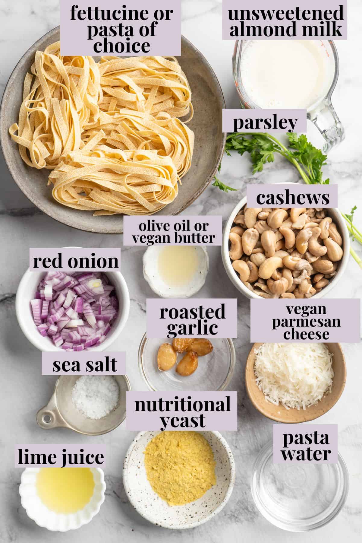 Overhead view of ingredients for vegan garlic Alfredo pasta