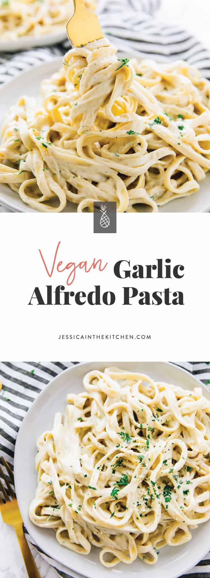This Vegan Garlic Alfredo Pasta is such a creamy and cheesy weeknight dinner! It's absolutely decadent, made with a cashew cream sauce, and the sauce is made easily in your blender! via https://jessicainthekitchen.com 