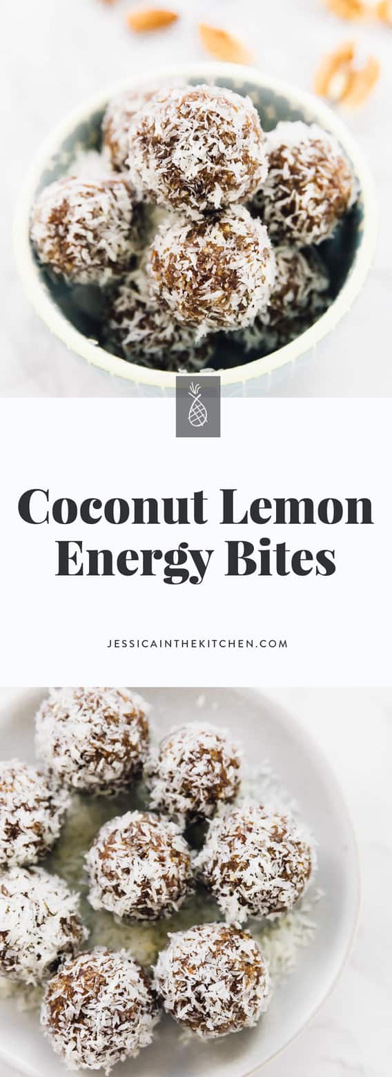 Montage of coconut lemon energy bites with title text. 