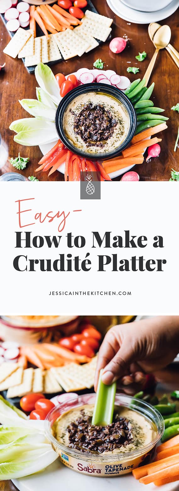 Here's an incredibly easy recipe for How to Create an Easy Crudité Platter! I love them because they look absolutely stunning, with very little effort! You don't need to cook or mix anything, just cut, serve and enjoy! This platter features amazing hummus dips and crunchy, easy-to-prep veggies! via https://jessicainthekitchen.com #sponsored @sabradips #vegan #crudite #glutenfree #party #summer #summerideas #summerparty #recipeideas #partyideas