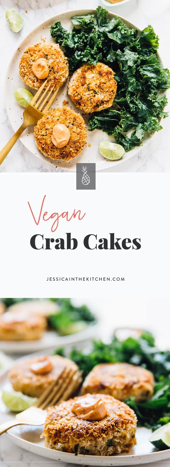 Montage of vegan crab cakes with title text. 