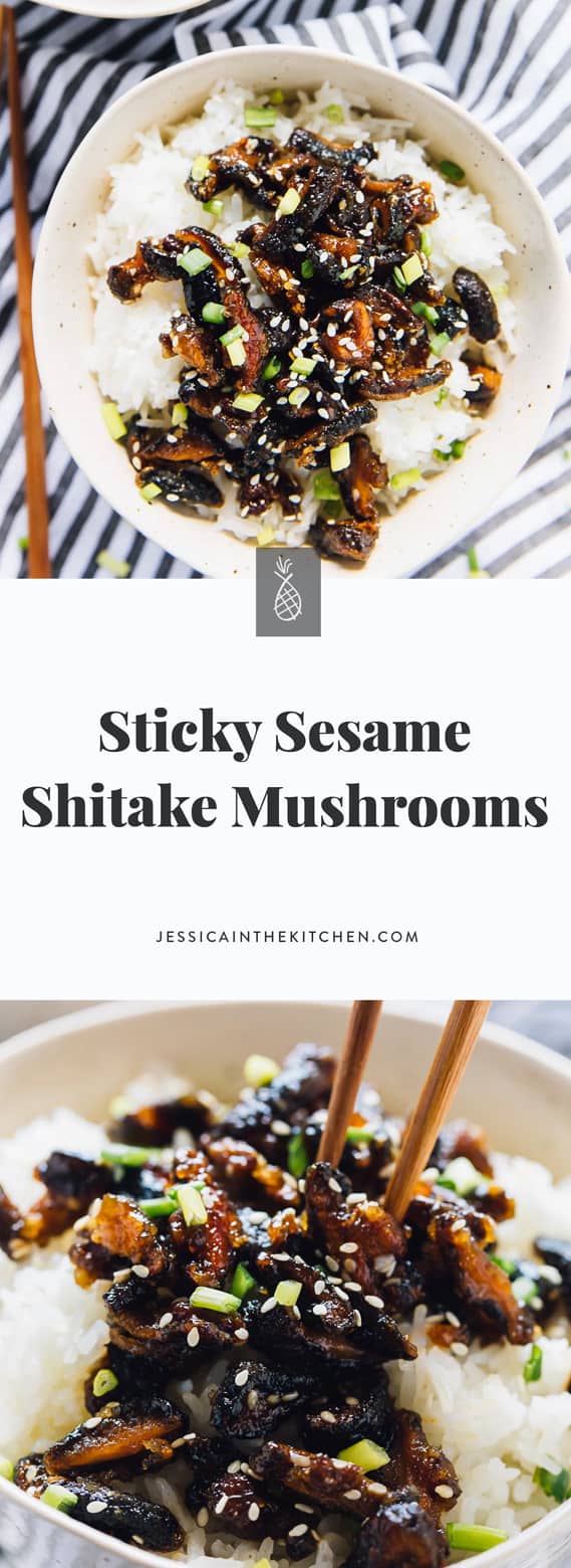 Two shots of sticky sesame shiitake mushrooms with title text. 
