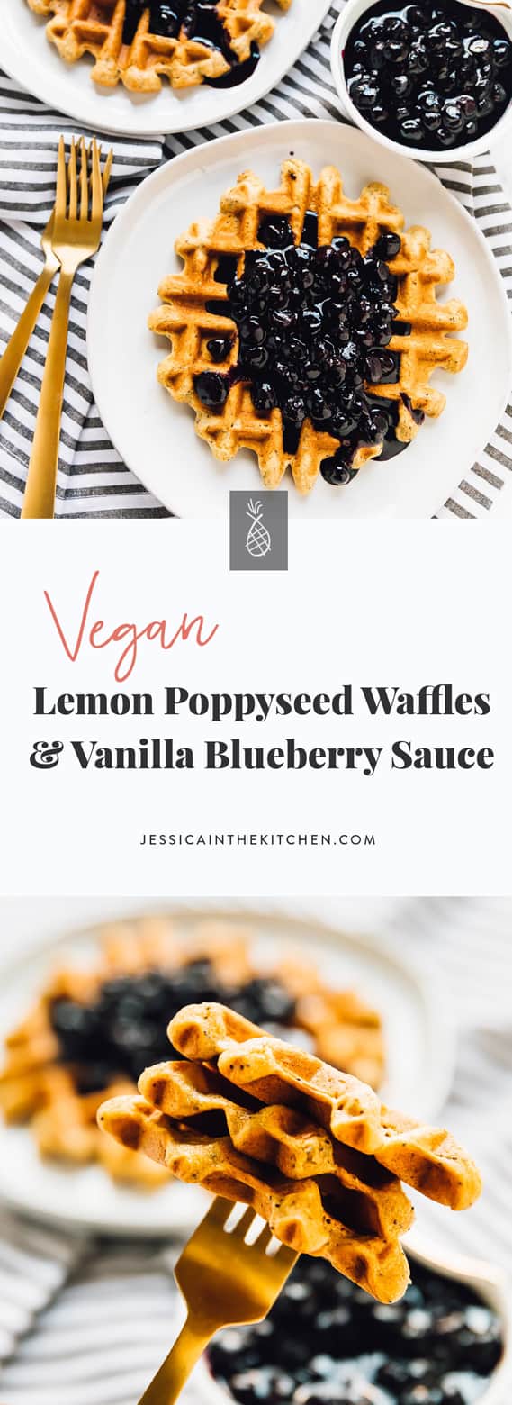 These Lemon Poppyseed Waffles are bursting with flavour! They're drizzled with a divine vanilla blueberry sauce, and are vegan and gluten free! via https://jessicainthekitchen.com 
