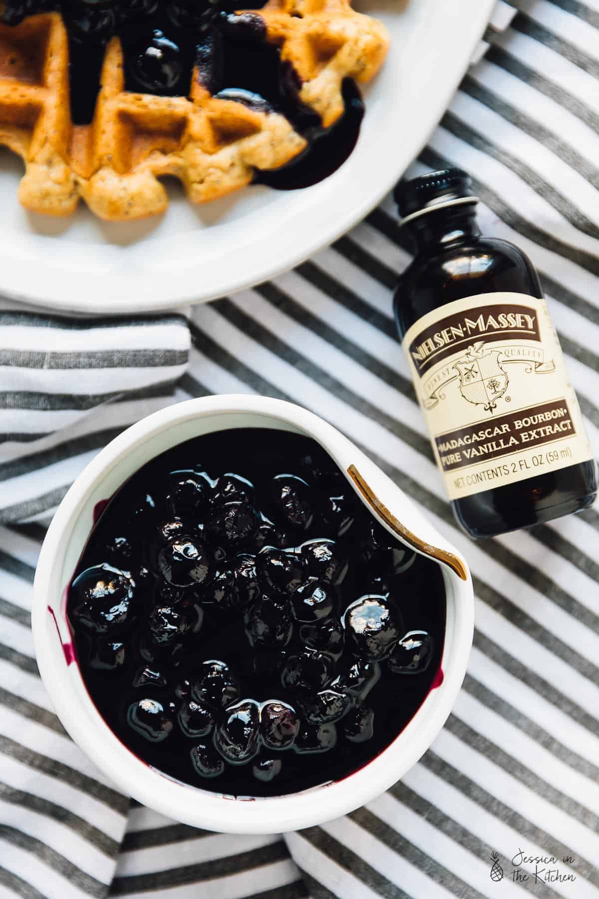 Overhead view of blueberry sauce in a bowl. 