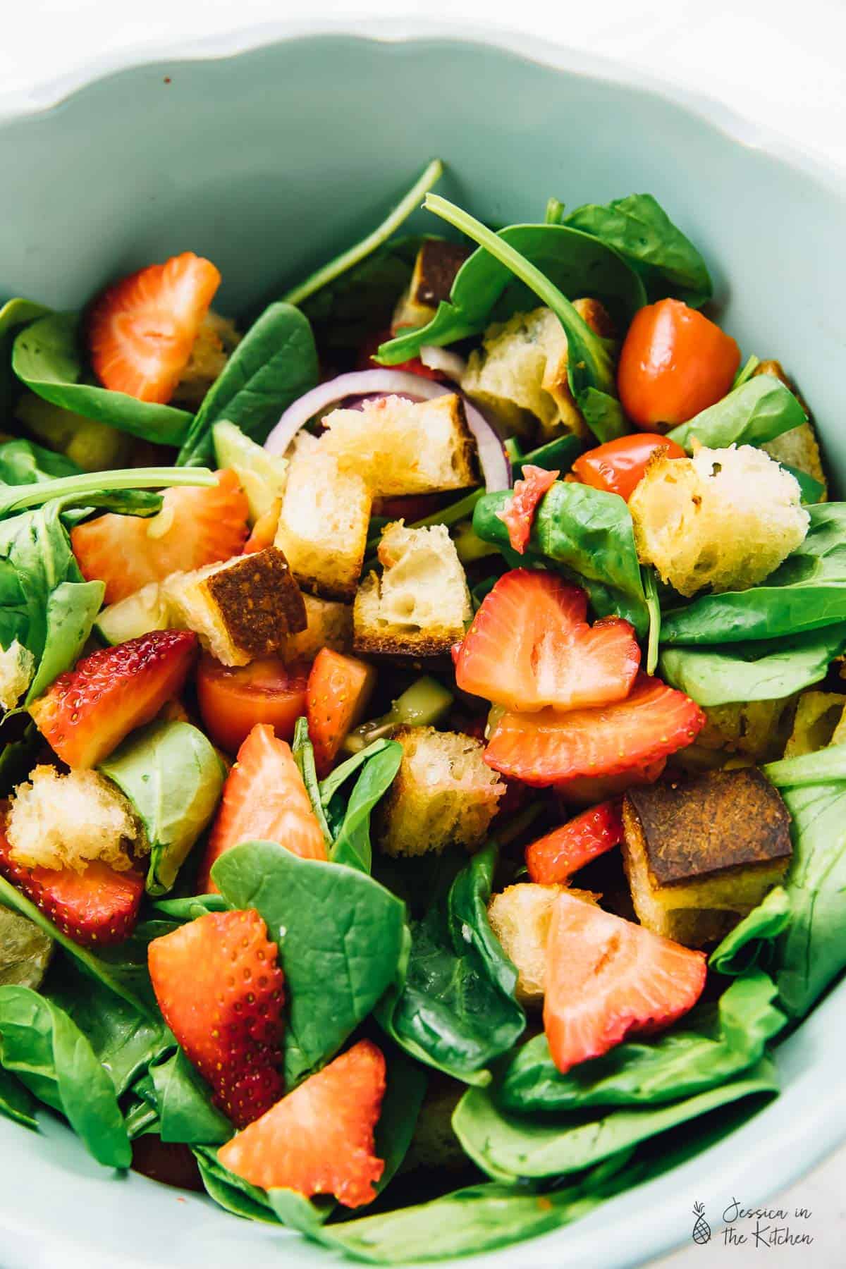 Top down view of a bowl of strawberry panzanella salad.