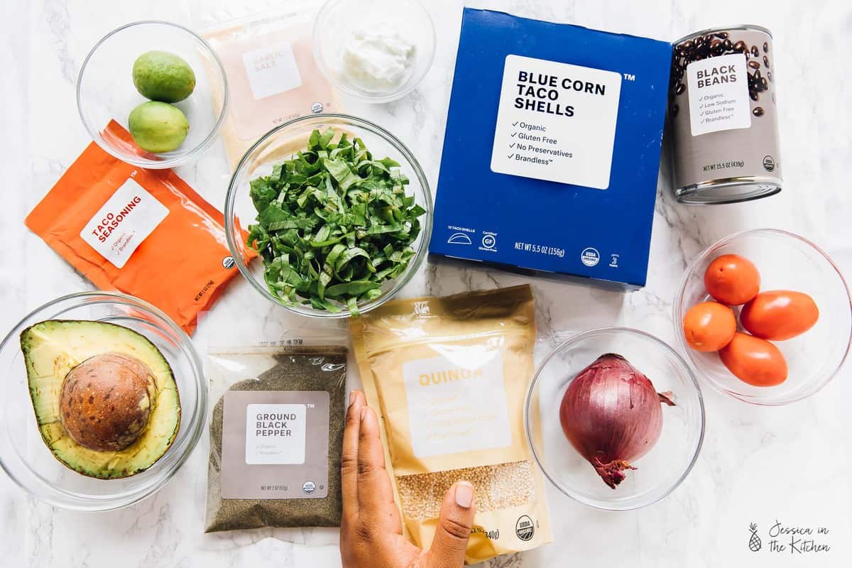 Overhead shot of ingredients on a table. 