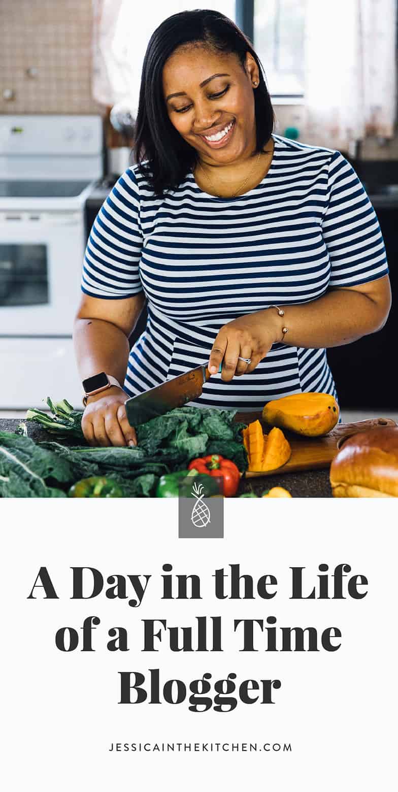 Jessica in a striped top, cutting vegetables in the kitchen.