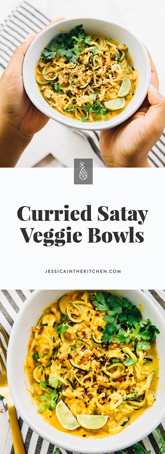 Two shots of curried satay veggie bowls with title text over it. 
