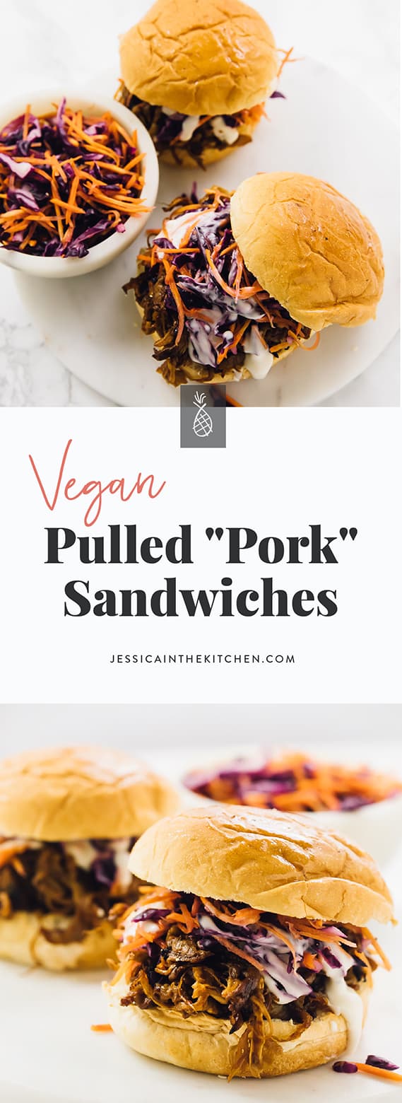A montage of vegan pulled mushroom sandwiches with title text over it. 