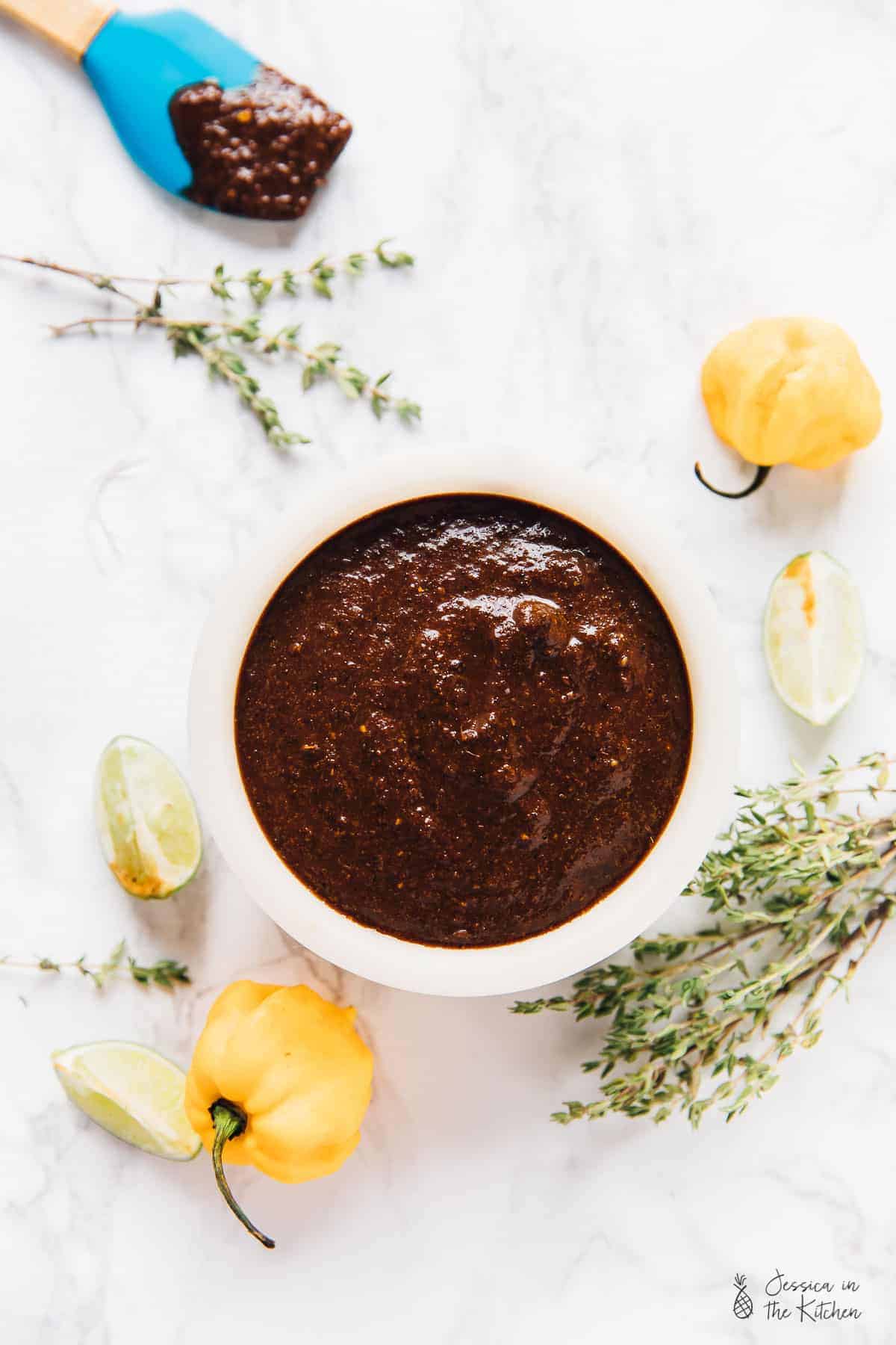 Overhead shot of Jamaica Jerk Sauce in a while bowl.