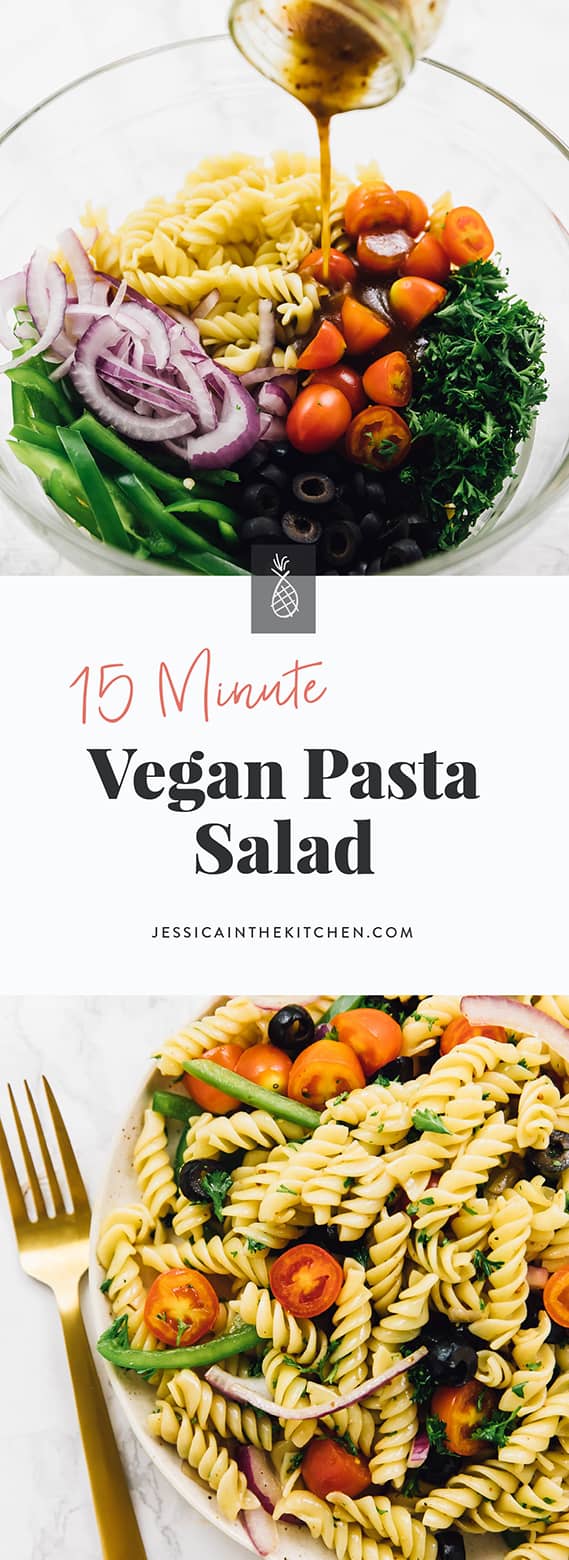This 15 Minute Vegan Pasta Salad is perfect for lunch, a quick weeknight dinner, and so much more! It's loaded with flavour and topped with a flavourful homemade Italian vinaigrette! via https://jessicainthekitchen.com #veganrecipes #vegans #vegetarians #recipes #plantbased #veganmeal #meals #healthy #sauce #jamaica #veganlife #veganeating