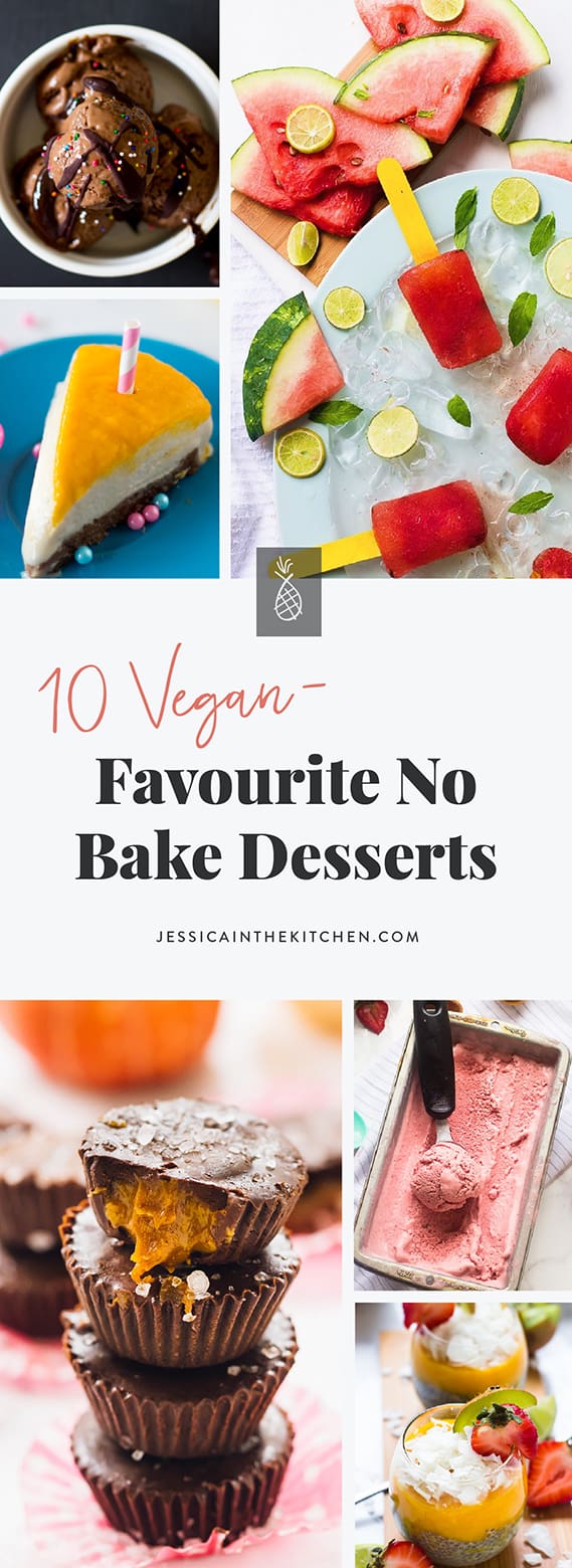 A montage of no bake vegan desserts with title text. 