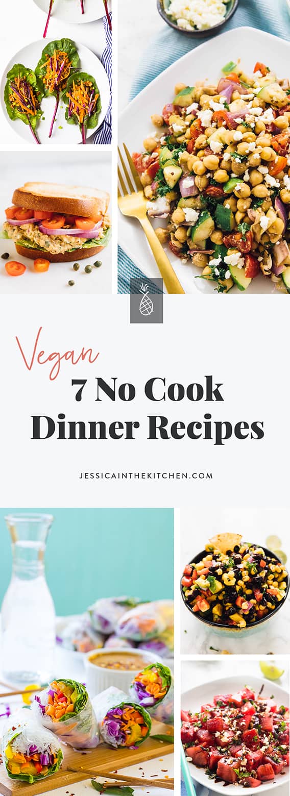 A montage of no cook dinner recipes with title text. 