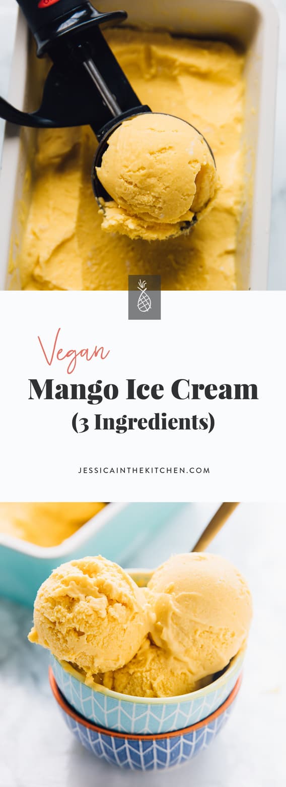 This Vegan Mango Ice Cream is a no churn, creamy dream come true! It's only three ingredients and so easy to make! via https://jessicainthekitchen.com #vegan #icecream #mango #easyrecipes #veganrecipes