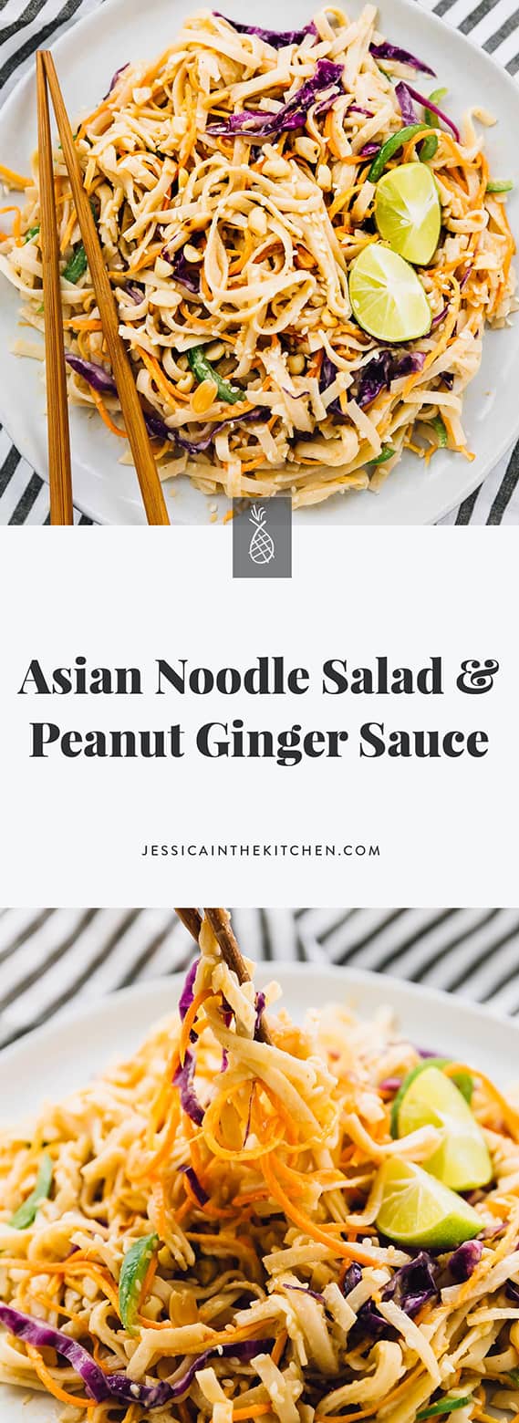 This Asian Noodle Salad is loaded with so much flavour and is amazing for an easy lunch! It's tossed in a creamy peanut ginger sauce! via https://jessicainthekitchen.com