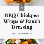 These BBQ Chickpea Wraps are an easy and quick lunch for work or meal on the go! They're swrved with a creamy ranch dressing and very filling! via https://jessicainthekitchen.com