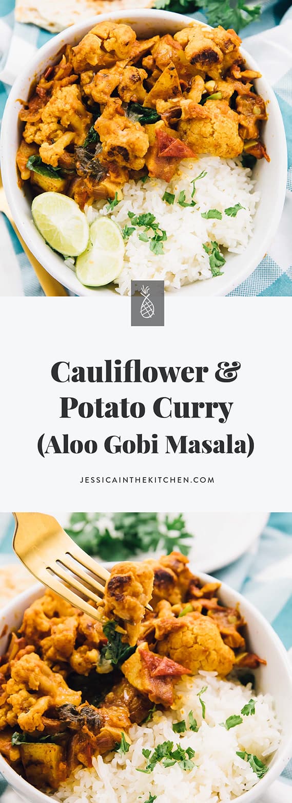 This Cauliflower and Potato Curry dish is perfect for a weeknight dinner! It's loaded with delicious spices and comes together so easily! via https://jessicainthekitchen.com
