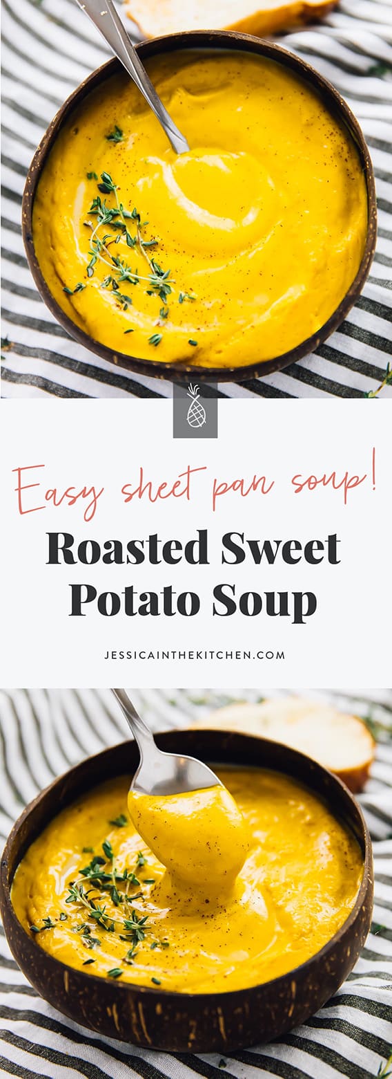 This Roasted Sweet Potato Soup tastes absolutely creamy, is loaded with flavour and is made in your oven! The ingredients are roasted then put right into your blender, so NO time is spent hovering over the stove. It’s one of easiest soups you’ll ever make. It’s also vegan, gluten free and loaded with delicious healthy ingredients. via https://jessicainthekitchen.com