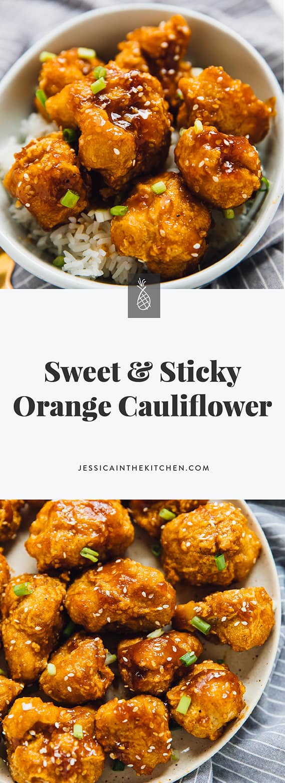 These Sweet and Sticky Orange Cauliflower Bites taste just like your favourite Chinese takeout order! They are deliciously battered and are coated in a sweet orange sauce! via https://jessicainthekitchen.com