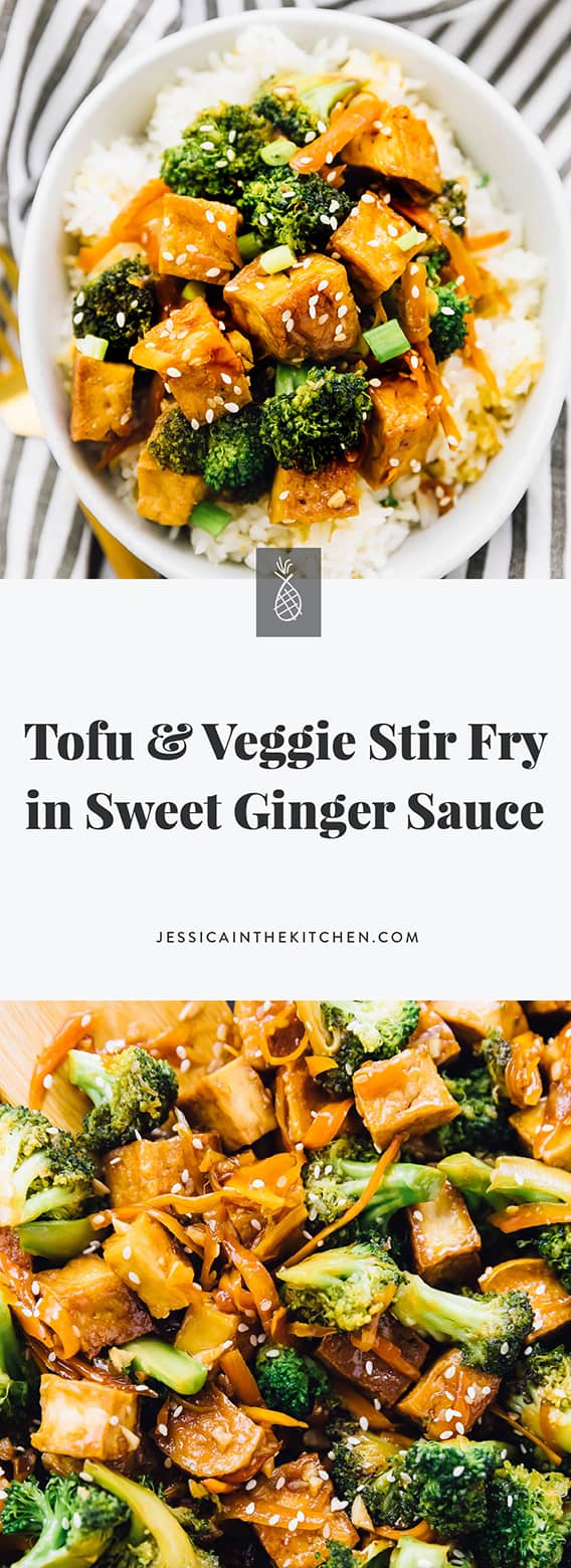 This Tofu and Veggie Stir Fry in Sweet Ginger Sauce is perfect for a weeknight meal! It's great for meal prep and a crowd pleaser! via https://jessicainthekitchen.com