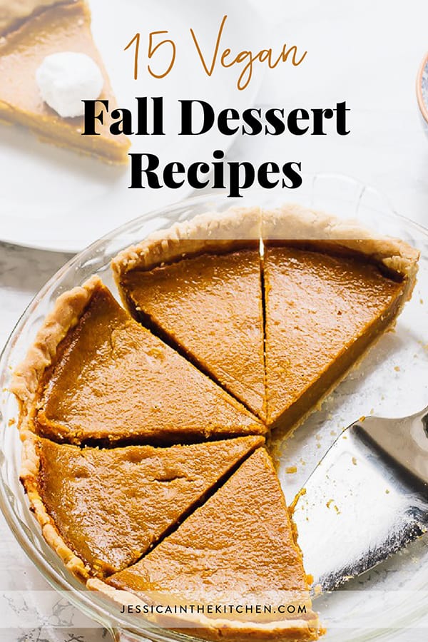 A sliced vegan pumpkin pie on a glass dish with title text over it. 