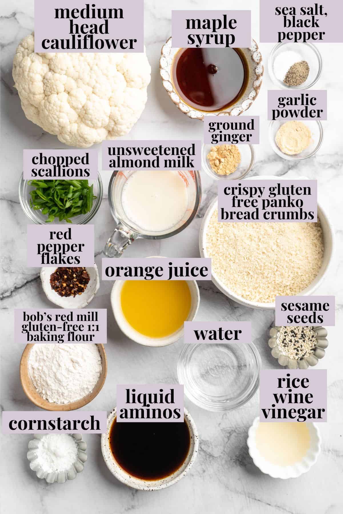 Overhead view of orange cauliflower ingredients with labels