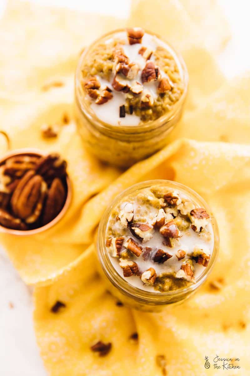 Top down view of pumpkin chia pudding in a glasses.