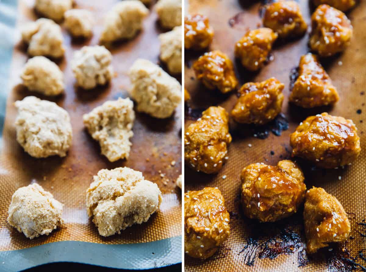 Before and after shots of cauliflower bites on a baking sheet. 