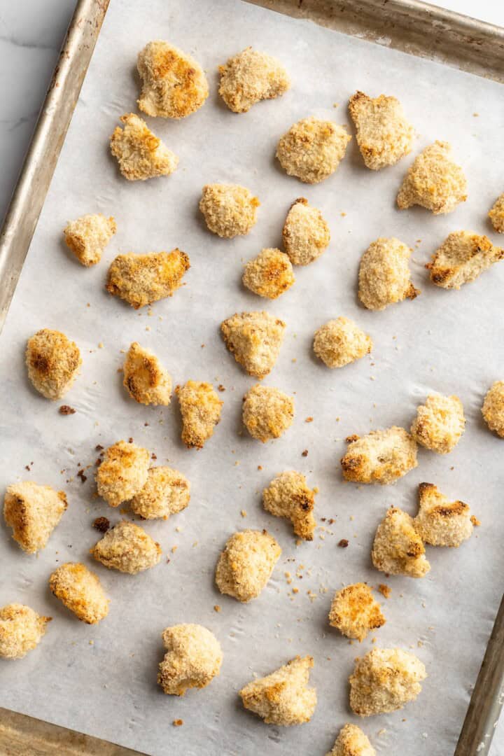 Overhead view of roasted cauliflower coated in panko and batter