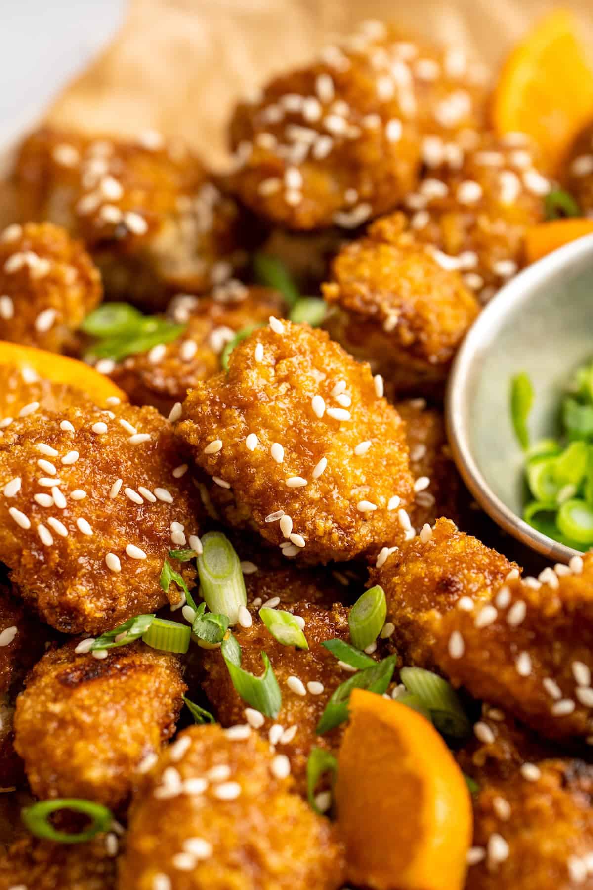 Crispy orange cauliflower closeup