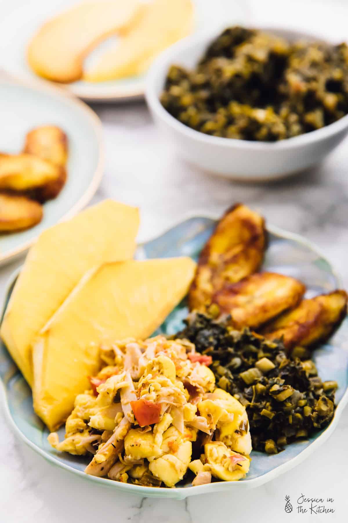 A plate blue plate of vegan ackee and saltfish. 
