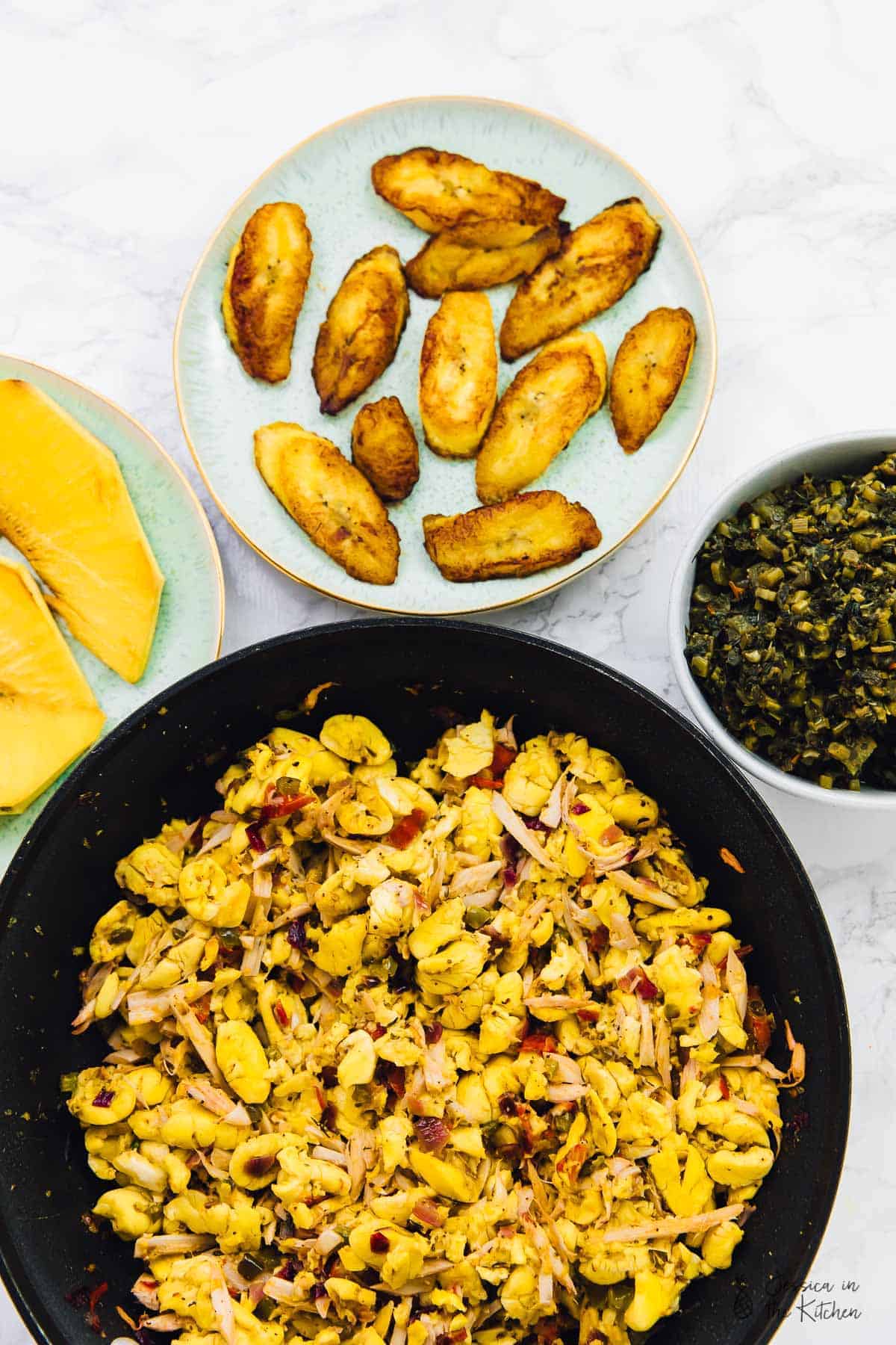 Overhead view of vegan ackee and saltfish in a skillet. 