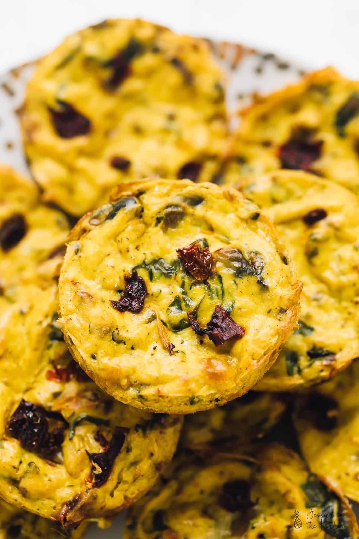 Top down view of vegan quiche muffins.