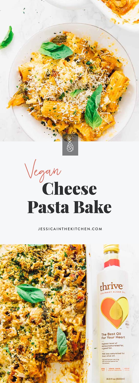NEW Post! This Vegan Cheese Pasta Bake is the ultimate crowd pleaser and perfect for a weeknight meal or your holiday table! It’s made with @ThriveAlgae Oil which has a high smoke point (perfect for this bake), neutral taste and is 90% heart healthy monounsaturated fat! via https://jessicainthekitchen.com 