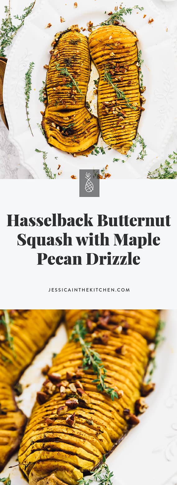 Tis’ the season for this decadent and delicious Hasselback Butternut Squash with Maple Pecan Drizzle that will be a stunner on all your Thanksgiving and other holiday tables! via https://jessicainthekitchen.com 