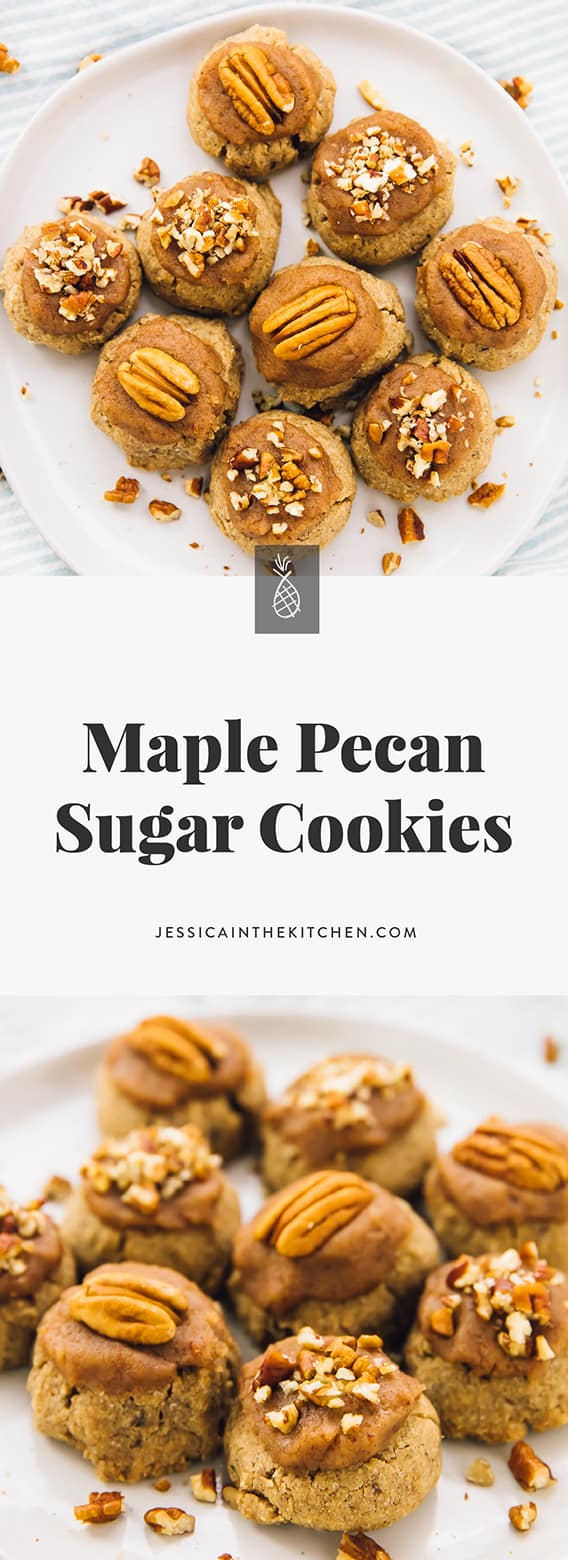 These Maple Pecan Sugar Cookies are loaded with nutty pecan butter flavour! They are topped with a Maple Pecan Frosting, and perfect for your holiday table! via https://jessicainthekitchen.com 