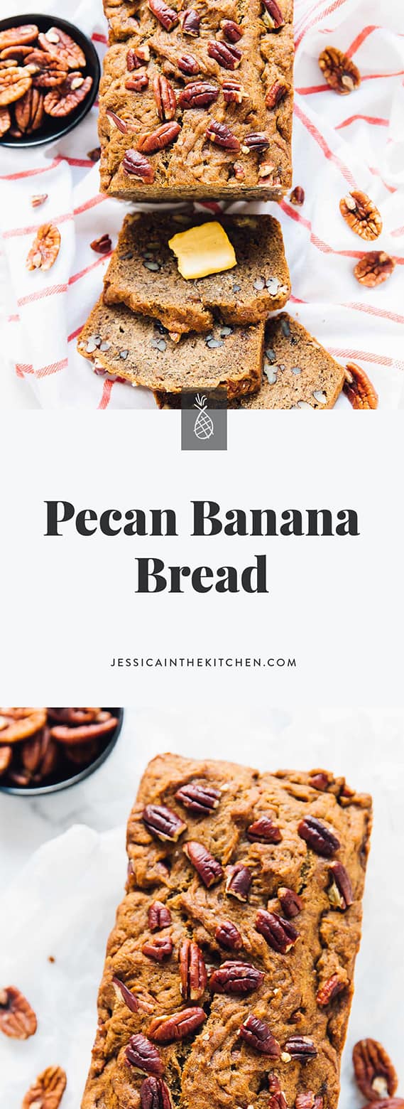 This moist and delectable banana bread is loaded with nutty pecans for a flavour boost! It's so good that you can't have just one slice! via https://jessicainthekitchen.com