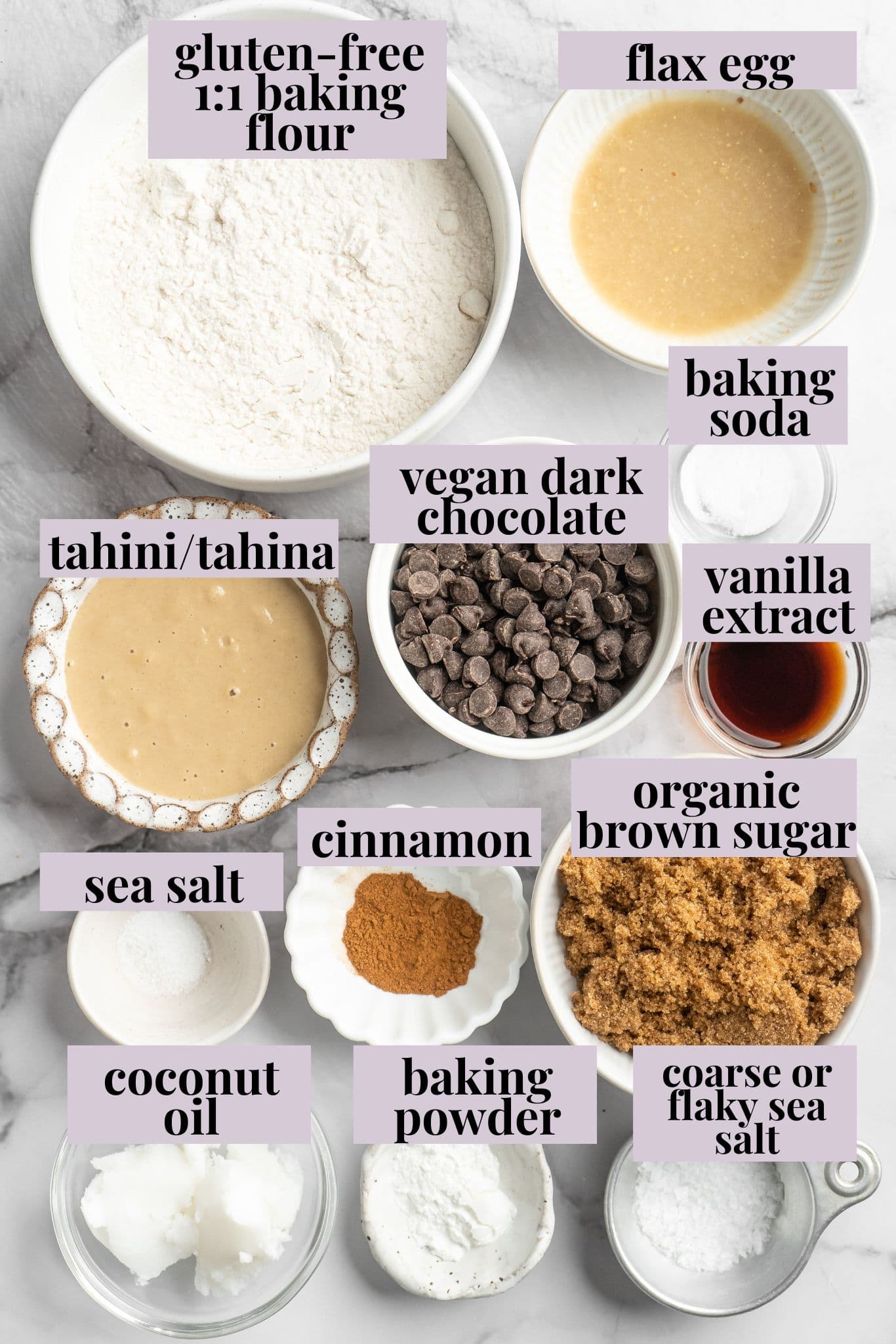 Overhead view of ingredients for salted chocolate chip tahini cookies